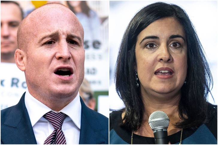 Split screen showing a photo of Democratic nominee for the 11th congressional district, Max Rose, taking on Republican Rep. Nicole Malliotakis (on the right)